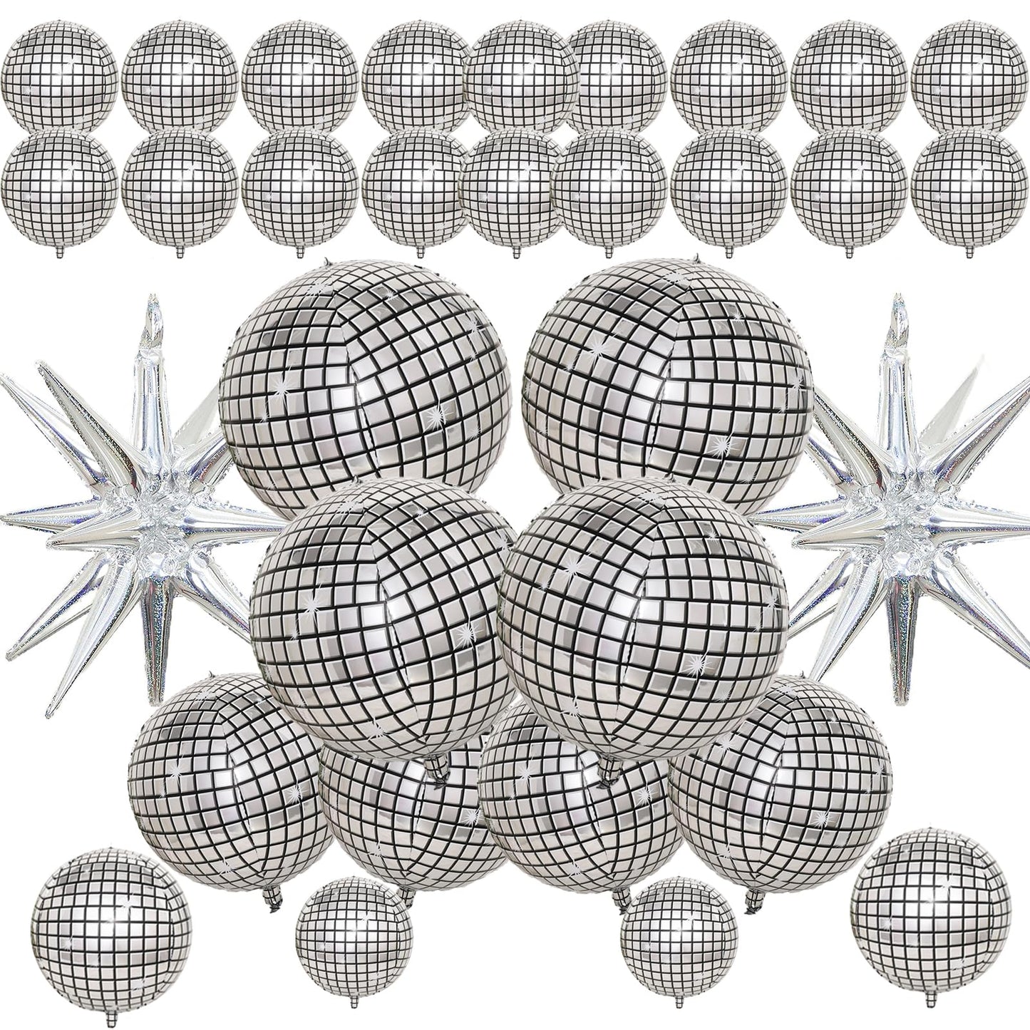30 Pcs Disco Ball Balloons,4D Large Foil Balloons with Metallic Star,Huge Silver Explosion Star Aluminum for Disco Dance Birthday Party Graduation New Year Decoration