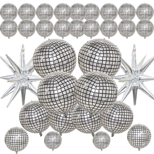 30 Pcs Disco Ball Balloons,4D Large Foil Balloons with Metallic Star,Huge Silver Explosion Star Aluminum for Disco Dance Birthday Party Graduation New Year Decoration