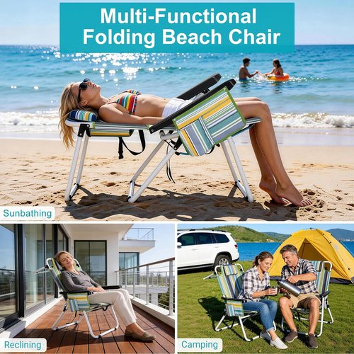 ABORON 17" Tall Folding Beach Chair - 5-Position Recline, Heavy Duty 600D Fabric & Cooler Bag