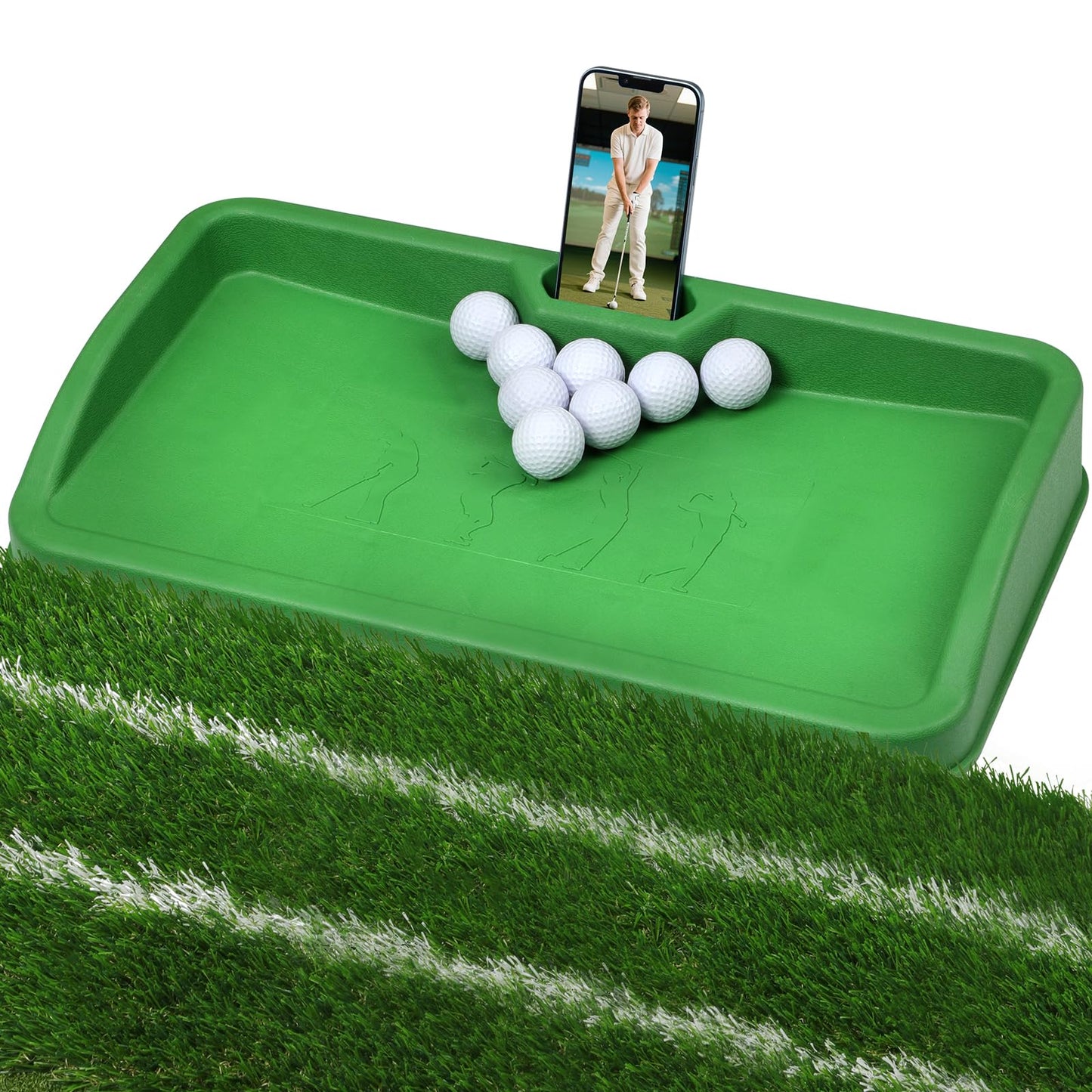 DCQ Commercial Golf Ball Tray with Cell Phone Holder – 100 Ball Capacity, Heavy-Duty Rubber, Compatible with All Golf Hitting Mats – Indoor & Outdoor Training Golf Ball Holder for Mat