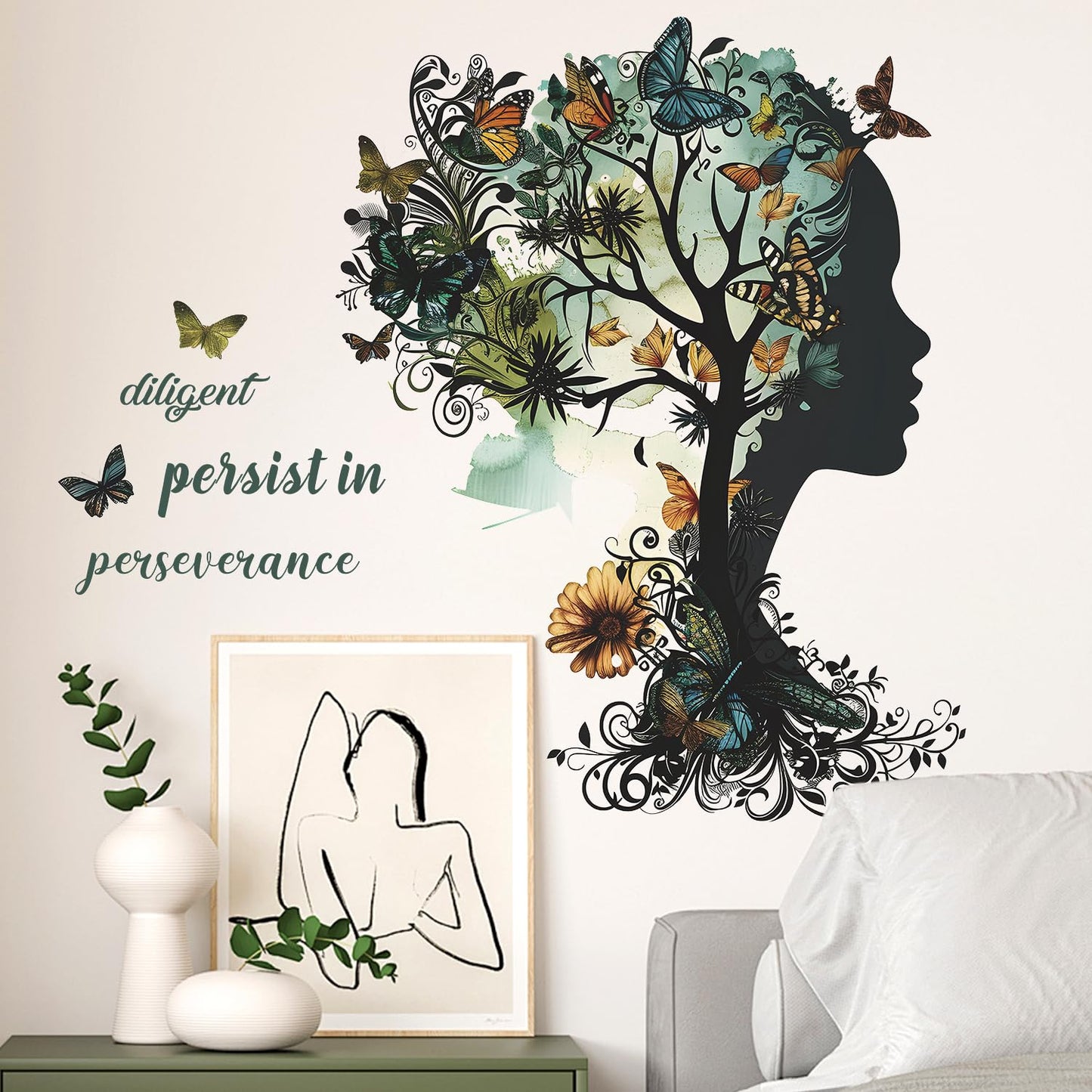Buiory Removable Inspirational Wall Decals Peel and Stick Wall Stickers Art Positive Sayings Sticker DIY Giant Tree Butterfly Wall Decor for Women Girls Bedroom Living Room Sofa Background Decoration