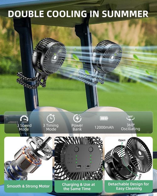 Golf Cart Fan Rechargeable, 12000mAh Battery Operated Portable Fan with 3 Speeds & Timer 360°Rotatable, Golf Palyer Essential Compatible with EZGO Club Car Yamaha Golf Accessories Gifts for Men Women