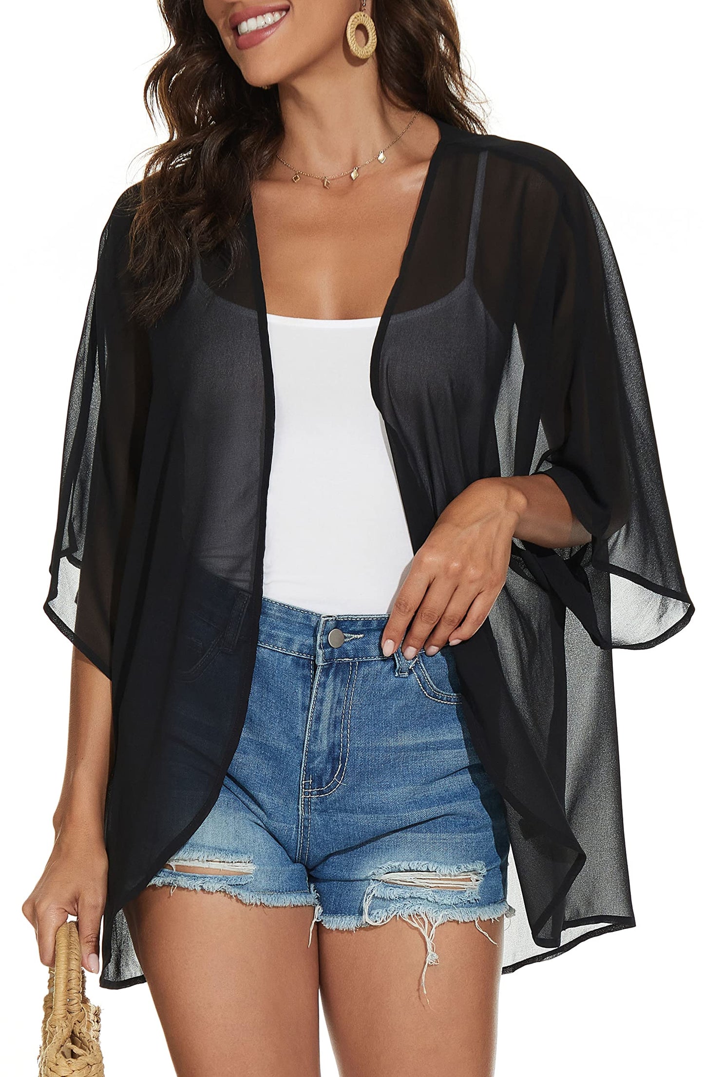 Women Summer Tops Kimono Cardigans Sheer Beach Cover Ups Chiffon Open Front Shirts （Black,3XL