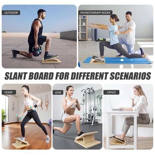 Adjustable Wooden Slant Board for Calf Stretching - 300lb Capacity Calf Stretcher with Resistance Band, Squat Wedge Incline Board for Knees & Ankle Physical Therapy, Plantar Fasciitis Relief