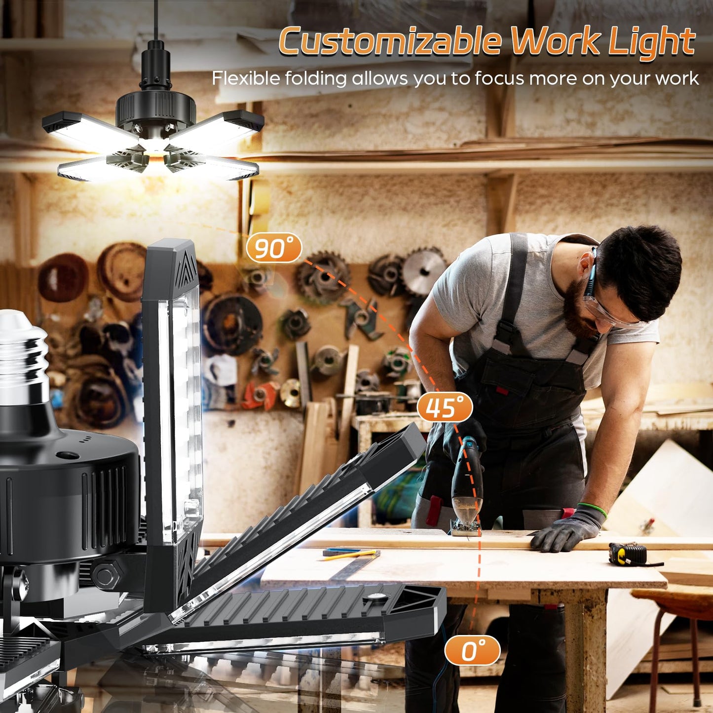 XINGHUANLIT LED Garage Light - 120W Garage Lights Ceiling LED 12000LM with 4+1 Deformable Panels, Screw in Shop Lighting 6500K Fit for E26 E27 Bulb Socket, for Workshop, Barn, Basement, Attic, Bay