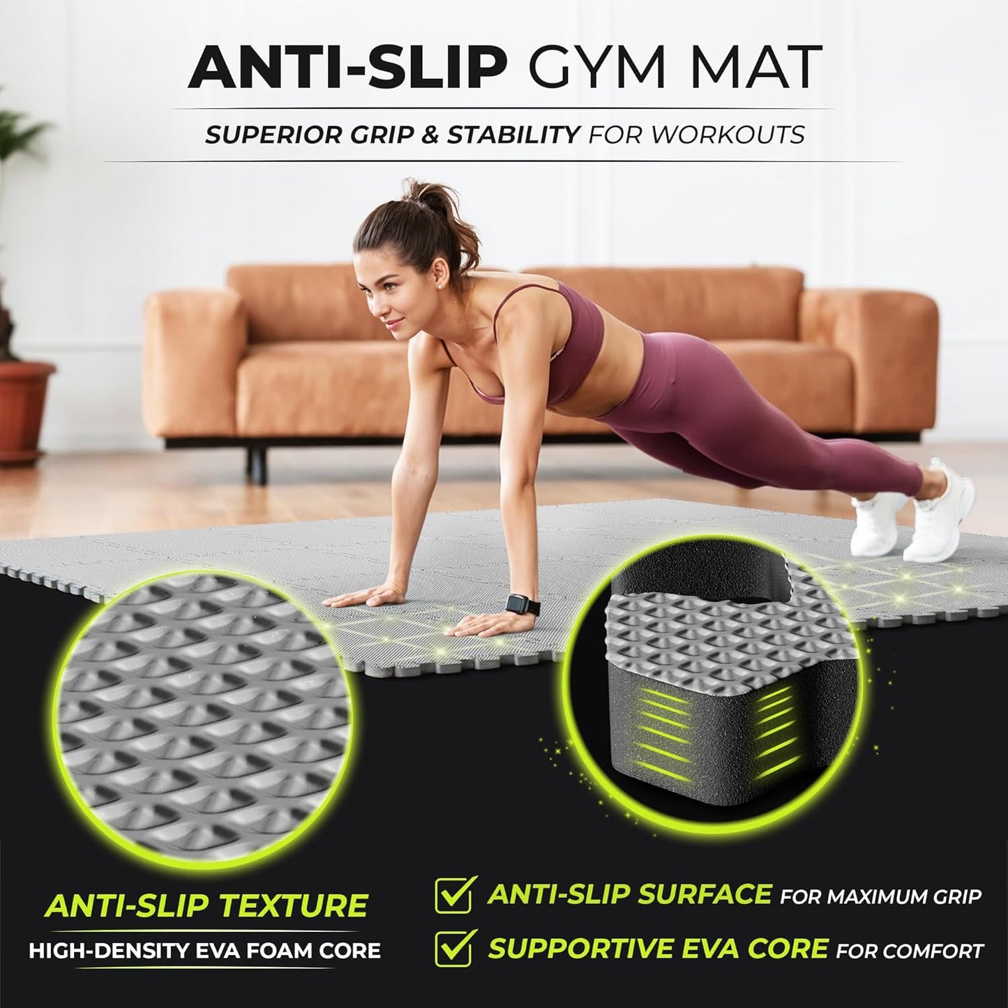 Bemaxx Gym Mats Set - 18 Pcs EVA Interlocking Foam Floor Tiles | 12.6"x12.6"x0.4" | Durable Protective Flooring for Home Workout & Fitness