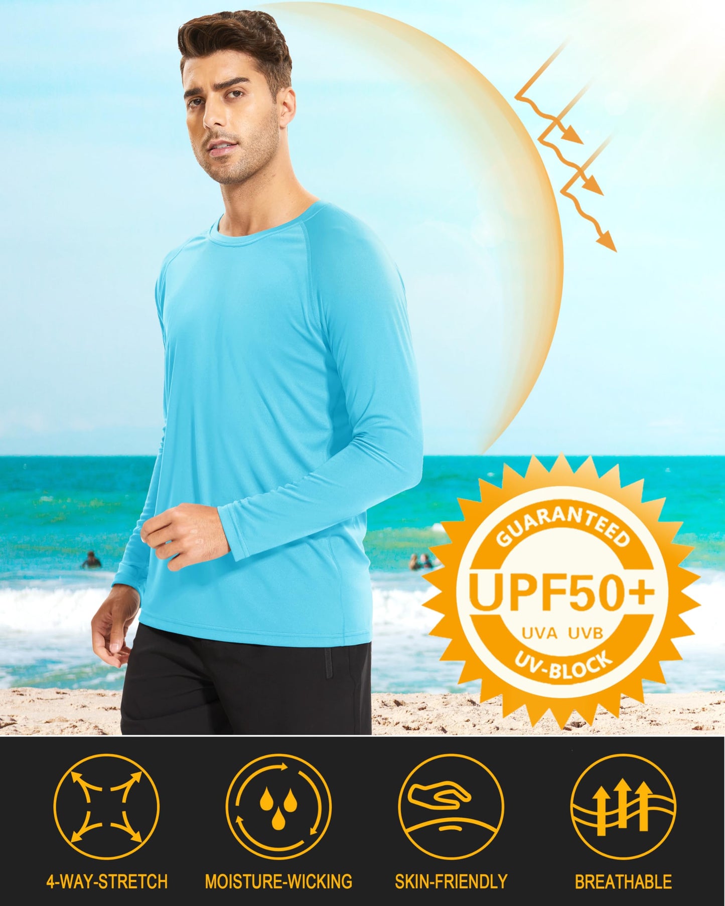 UPF 50 Sun Protection Shirts for Men - Long Sleeve UV Protection Quick Dry Athletic Hiking Shirts - Ice Blue