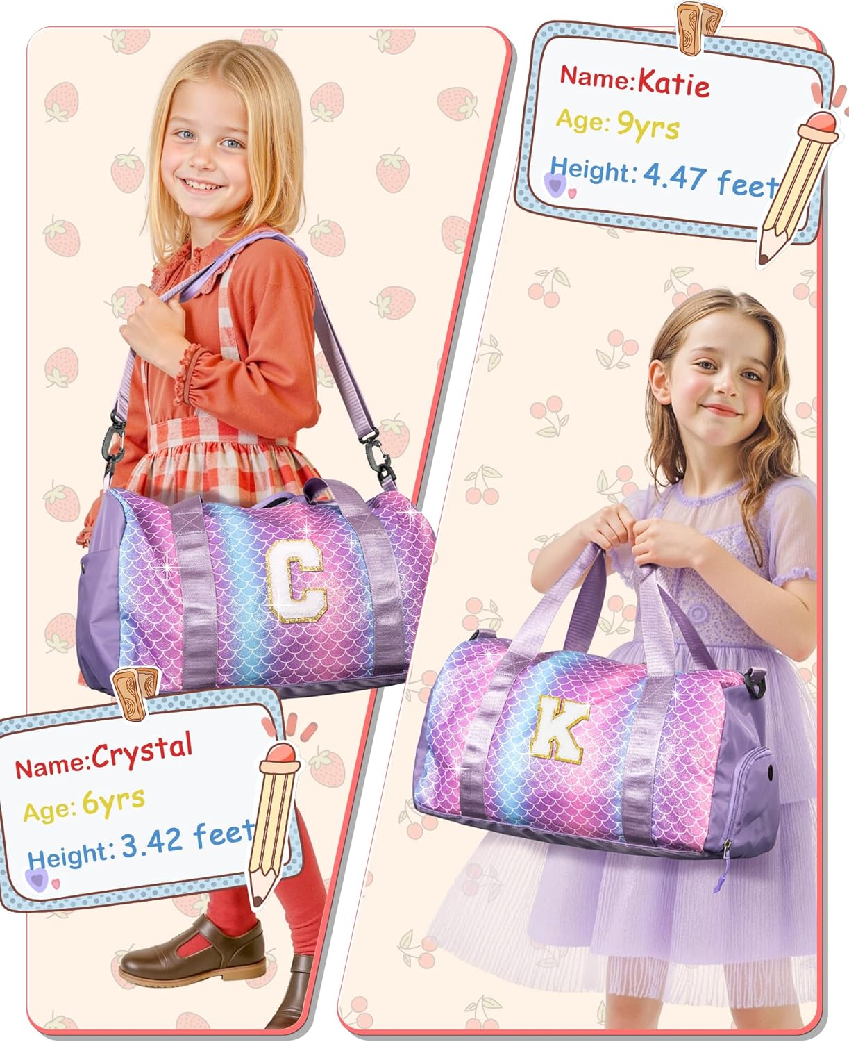 Skiennix Personalized Gym Bag for Girls - Stylish Weekender Tote with Shoe Compartment & Makeup Pouch | Ideal Gift for Ages 3-10 (Letter M)