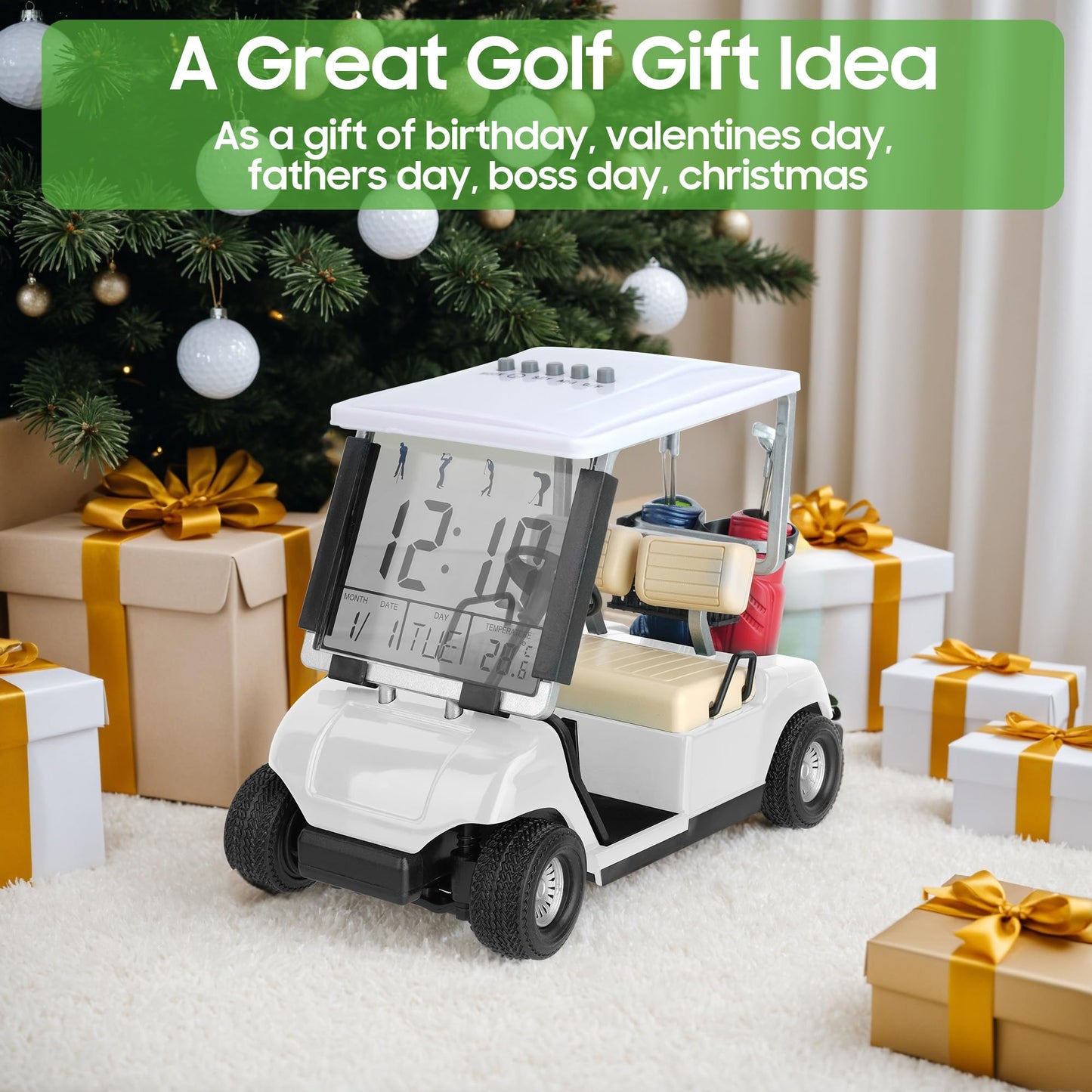10L0L Mini Golf Cart Alarm Clock LCD Display Calendar Golf Gifts for Men Fans Golfers Superior Race Souvenir Novelty(White)