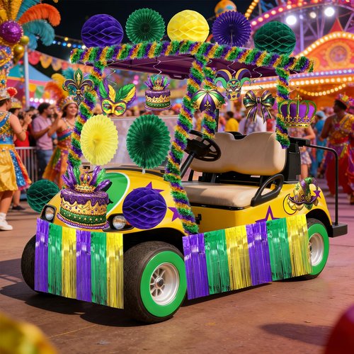 Norme 41 Pcs Mardi Gras Parade Golf Cart Decoration, Float Mask Cutout Foil Fringe Curtains Garland Paper Pompoms Hanging Fan Swirls Purple Green Gold Decor for New Orleans Mardi Gras Party Decoration