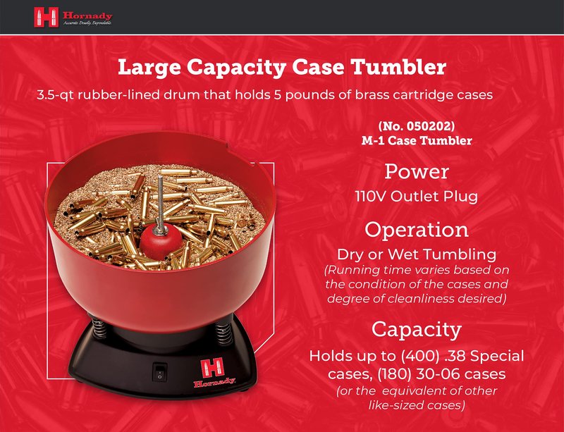 Hornady M-1 Case Tumbler – Clean and Polish Brass Cartridges Quickly and Efficiently – Holds up to 400 .38 Special Cases, Use with Hornady Tumbling Media – Item 050202