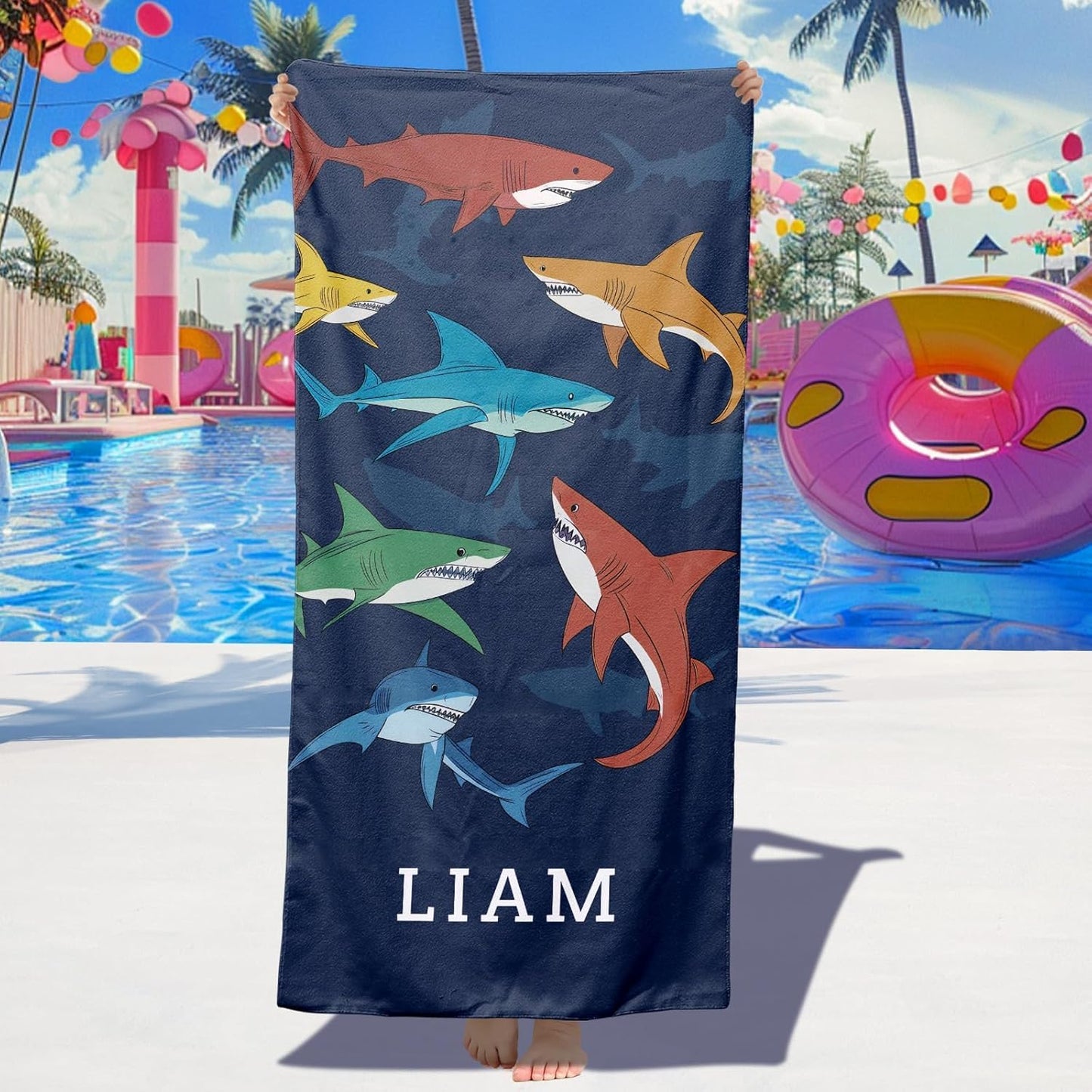 Skiennix Personalized Beach Towels for Kids - Ultra Absorbent Custom Monogram Towels | Shark Design