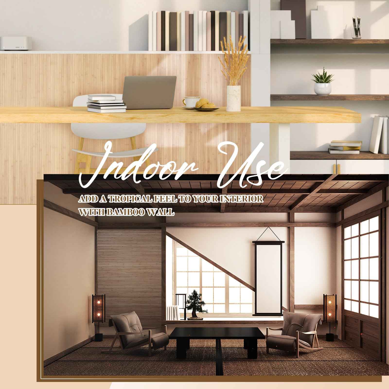 Juexica 1 Pcs Natural Bamboo Wall Panel for Interior Wall 48'' x 96'' Bamboo Covering Renewable Pole Wainscoting Room Divider Decor for Bedroom Living Room Kitchen Island Office (Light Carbonized)