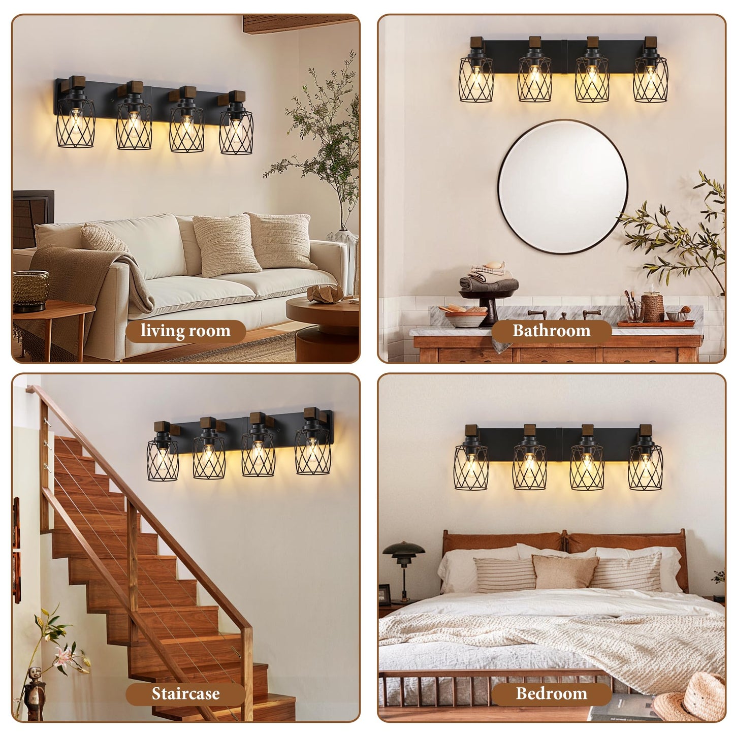 XvmBvm Farmhouse Bathroom Vanity Light, 4-Light Wood Bathroom Light Fixtures Over Mirror, Black Industrial Vanity Lights with Metal Shade, Rustic Bathrooms Lighting for Living Room, Bedrooms, Hallway