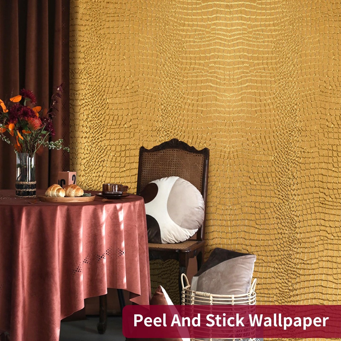 Cismmy Peel and Stick Wallpaper - Gold Crocodile, 15.7" X 118", Removable, Easy Peel Off, Renter Friendly Textured Wallpaper