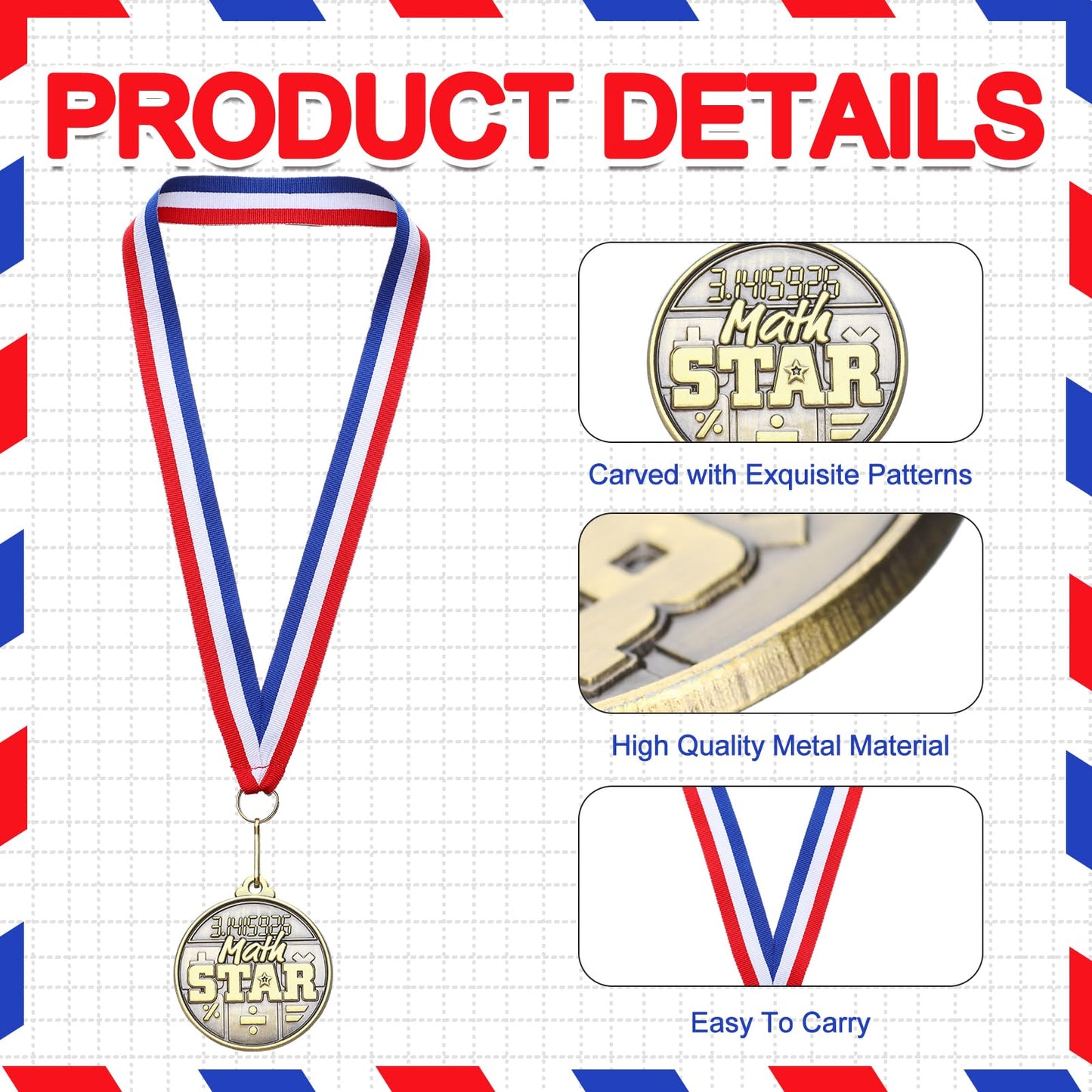 Quelay 30 Pcs 2 Inches Student Award Medals Bulk Awards Medal with Neck Ribbons Metal Trophy Prize Gift for Tournaments, Competitions, Party, Kids and Adults(Math Star Medals)