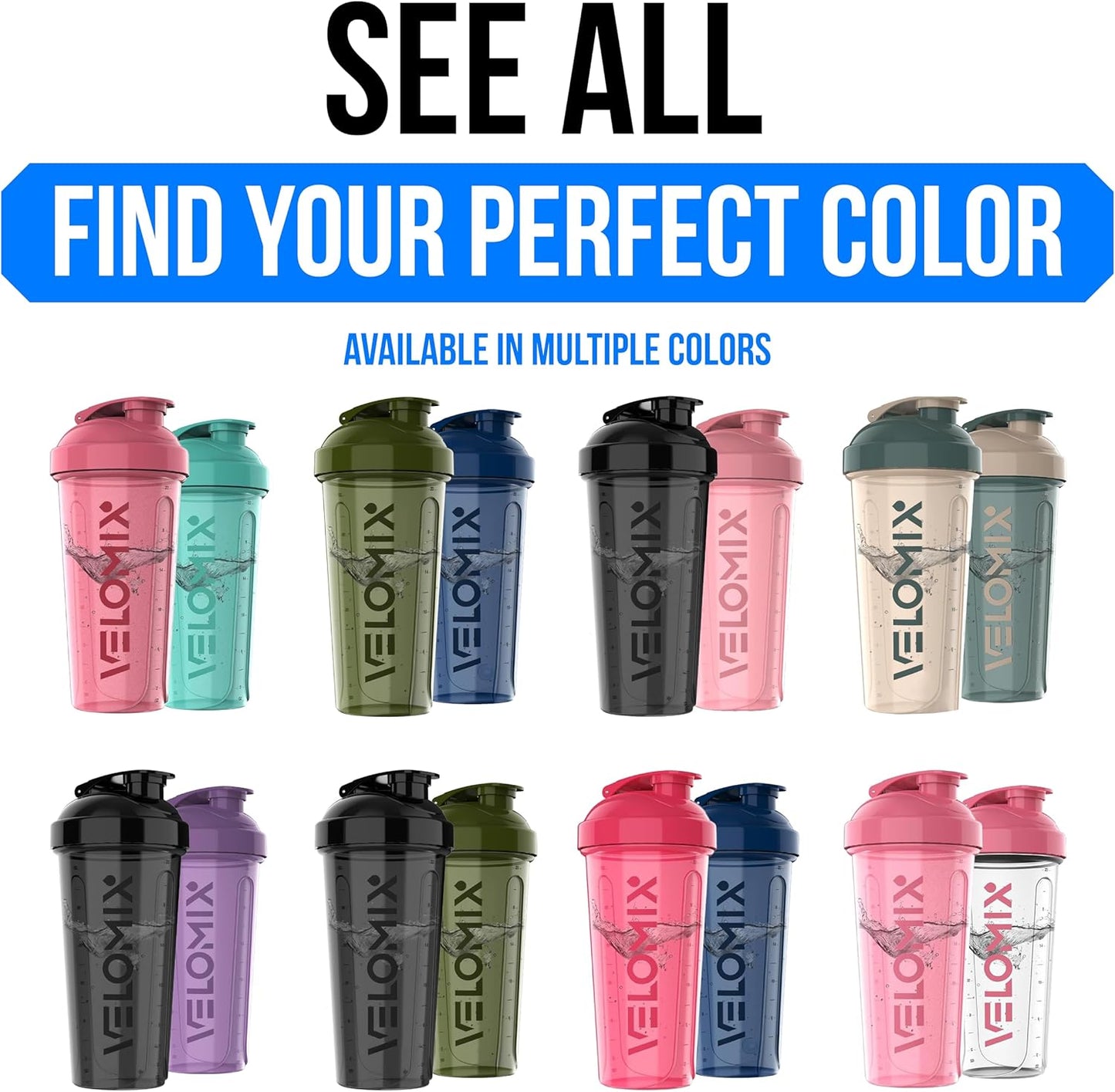 Velomix Protein Shaker Bottles - 28 oz Leak Proof Cups with 2x Wire Whisk | 2 Pack (Black/Transparent)