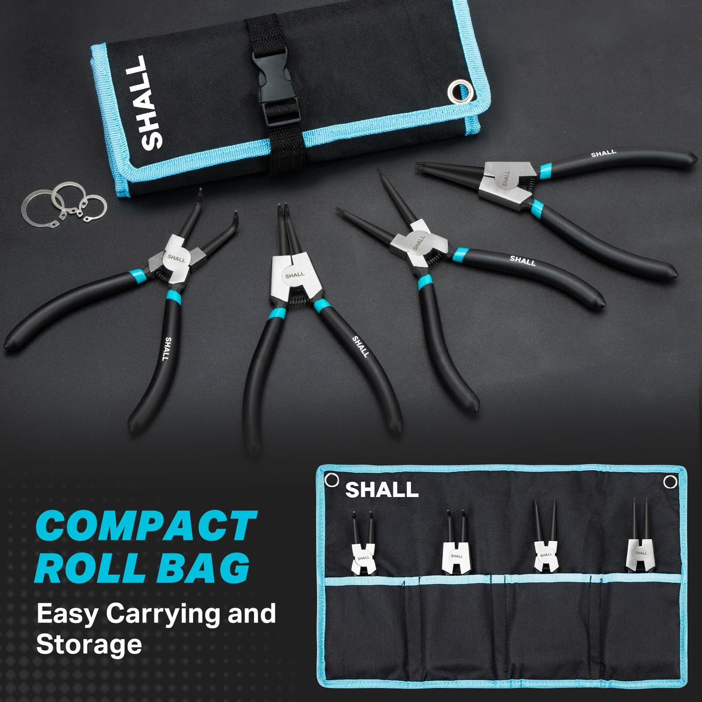 SHALL 4PCS Snap Ring Pliers Set, 7-Inch Internal External Circlip Pliers, Straight Bent C-clip Pliers Lock Ring Pliers, 5/64" Tip, Heavy Duty Reverse Pliers for Ring Remover Retaining w/Portable Pouch