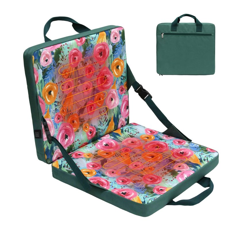 JLDTOP Heated Stadium Seats with Backrest Foldable(No Power Bank), Cushion Pad Portable, Thick Padded with Handle, Ideal for Camping Sporting Events Concerts (Green Floral)