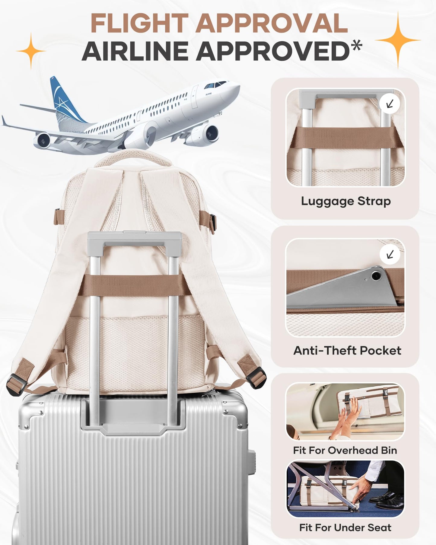 coofay Travel Backpack Carry on Flight Approved Mochila De Viaje Personal Item Backpack for Airlines Frontier Airlines Personal Item Bag Large Backpack for Travel Backpacks for Men Women Beige