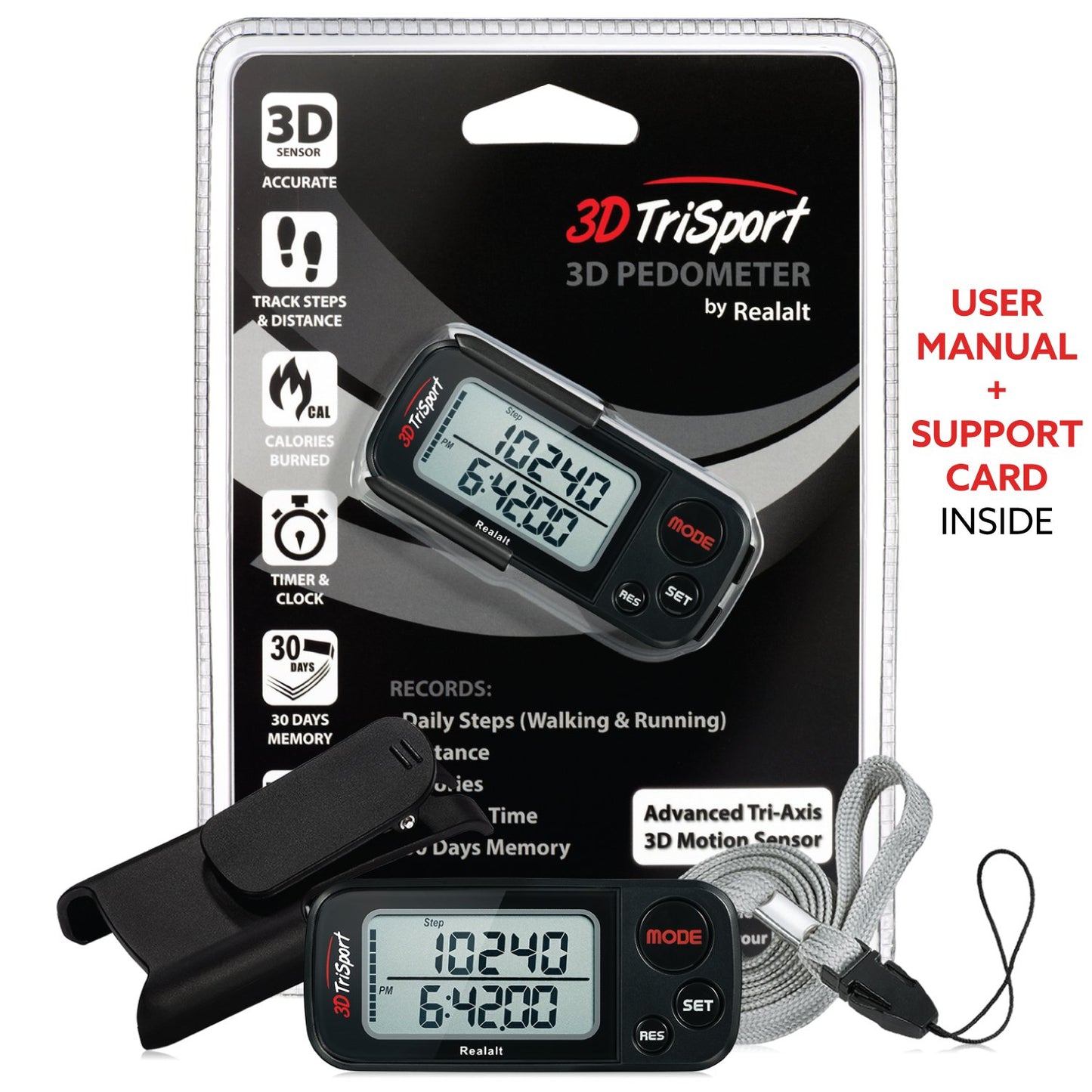 Realalt 3DTriSport 3D Walking Pedometer with Clip & Strap, Accurate Step Counter with 30-Day Memory, Distance in Miles/KM Large Display Perfect for Seniors & Beginners eBook Included - Stealth Black
