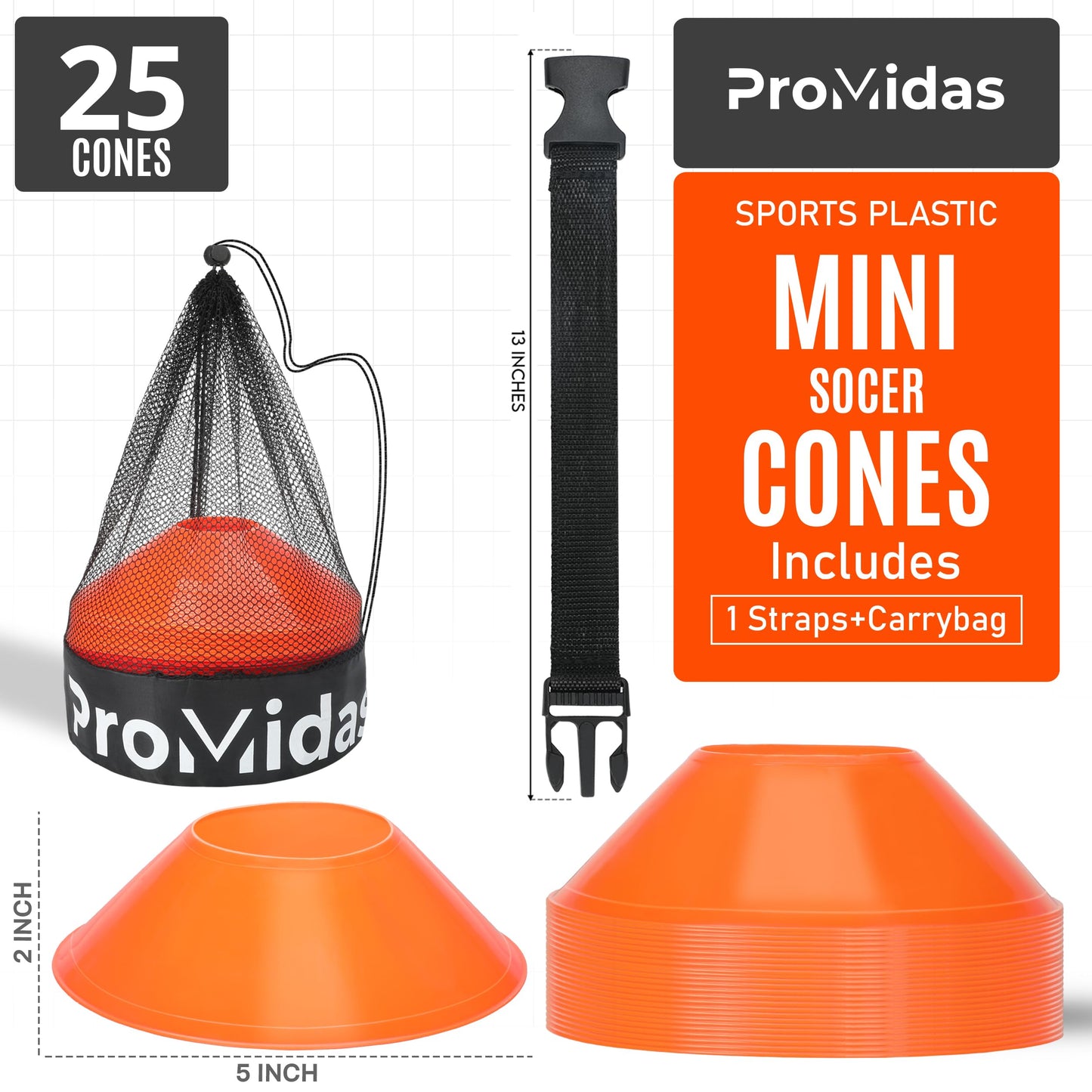 ProMidas Mini Cones for Sports - Better Space Utilization - Comes with Shoulder Strap - for Agility Training Drills (Orange - 25 Pack) (MC-Orange-25)