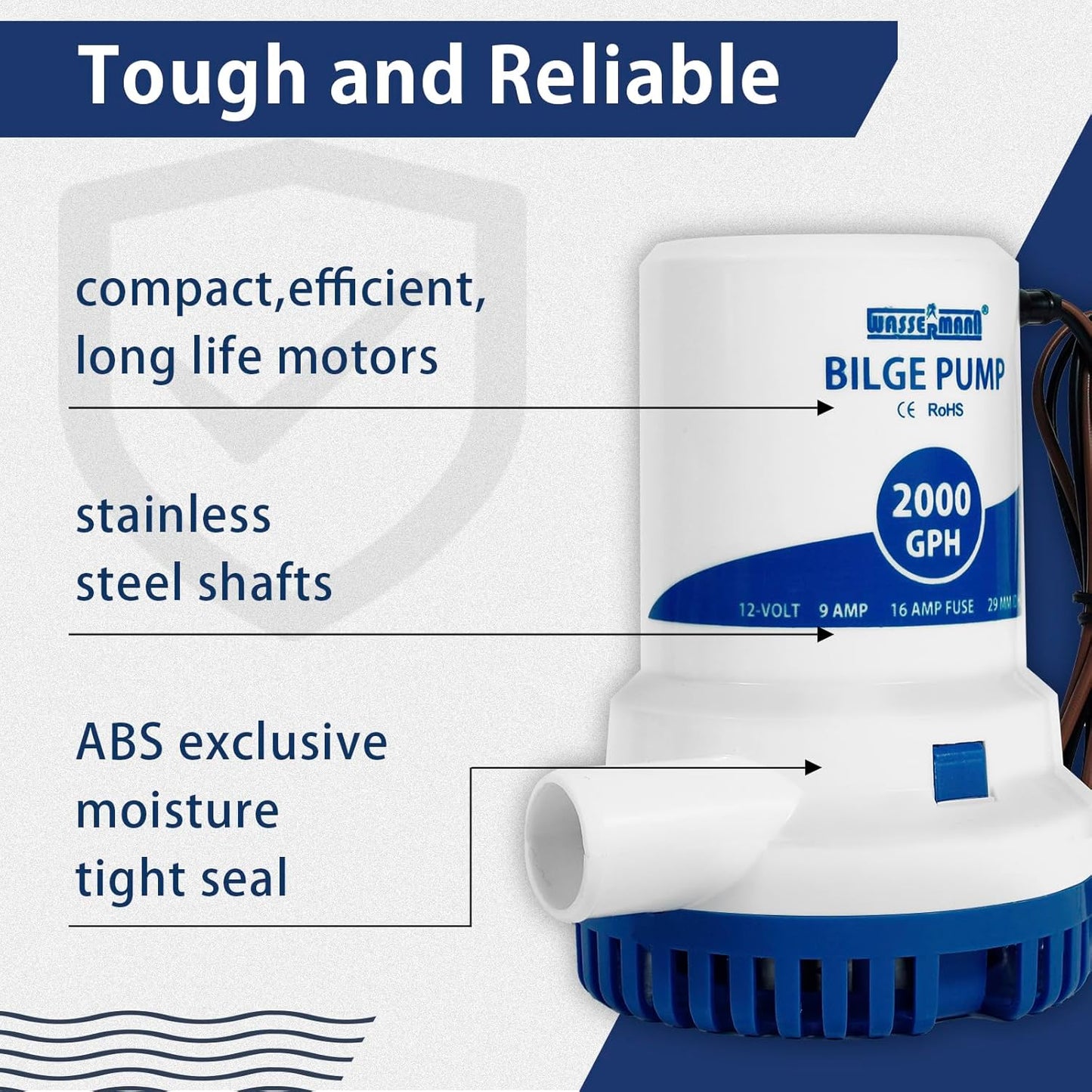 WASSERMANN 2000GPH Bilge Pump - Heavy-Duty 12V Marine Submersible Water Pump with Long Power Cord & Anti-Airlock Protection