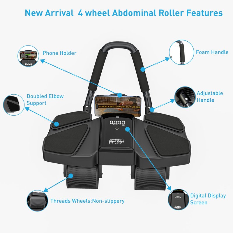Ab Roller Home Gym Equipment – 4 Wheels Ab Wheel Muscle Roller, Yoga Stretching Strap, 3 Resistance Bands – Comfortable Elbow Support with Non-Slip Handles