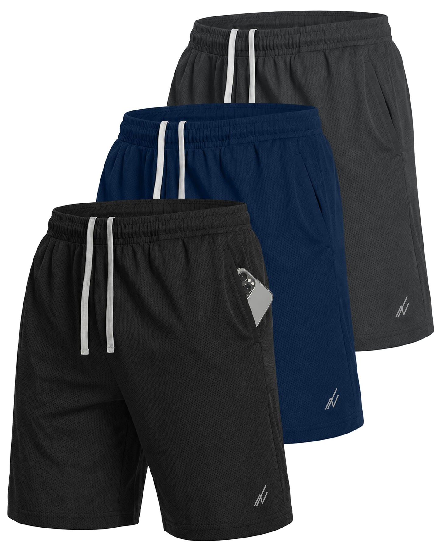 NY Threads Quick Dry Knit Men's Athletic Shorts Loose-Fit Running Gym Shorts for Men, Medium, Black/Navy/Dark Grey