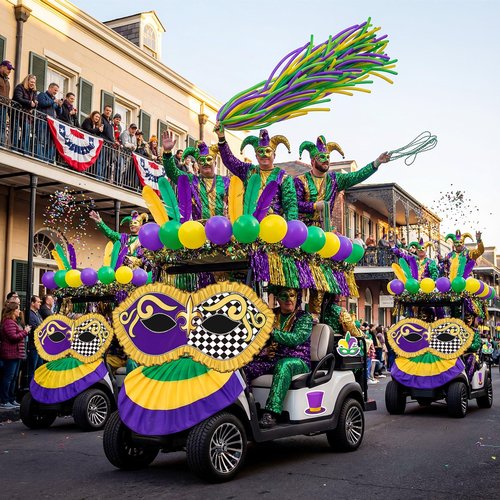 Tasdurian 159 Pcs Mardi Gras Theme Parade Golf Cart Kit Decor Carnival Mask Banner Fan Flag Gold Green Purple Tinsel Foil Fringe Garlands Balloons Craft Feathers for Masquerade Party Supplies Decor