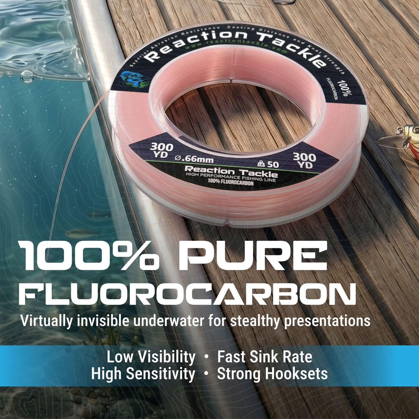 Reaction Tackle 100% Pure Fluorocarbon Fishing Line - High Strength, Abrasion-Resistant, Fast-Sinking, Virtually Invisible - Saltwater and Freshwater Leader Line - Clear - 12LB 50 Yards