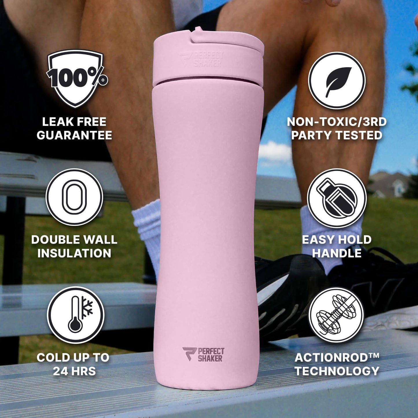 PerfectShaker LUMA Premium Stainless Steel Shaker with Built-in Straw - Double Wall Vacuum Insulated, Leak-Proof, Non-Toxic, ActionRod Mixing – Gym, Fitness & Travel Protein Shaker - 22oz (Blush)