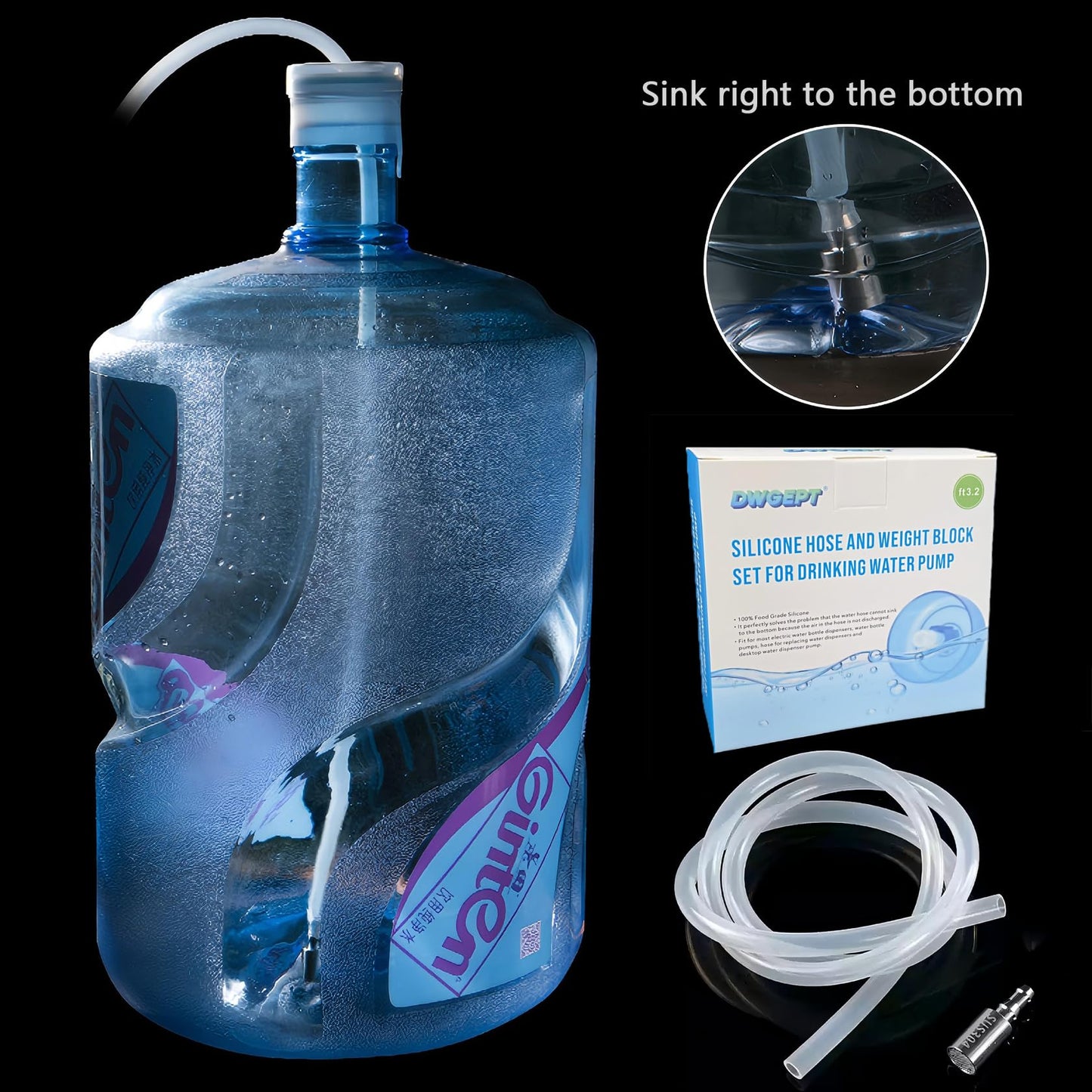 Food Grade Silicone Water Pump Hose and Weight Block Set for 5 Gallon Water Bottle Pump,Rubber Pipe Hose Tube Replacement for Charging Automatic Drinking Water Pump and Desk Water Dispenser (Ft 3.2)