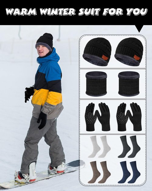 Handepo 10 Pieces Winter Hat Beanie Scarf Touch Screen Gloves and Sock Set Slouchy Knit Cap Beanies Fleece Lining Neck Warmer(Classic Style,Dark Color)