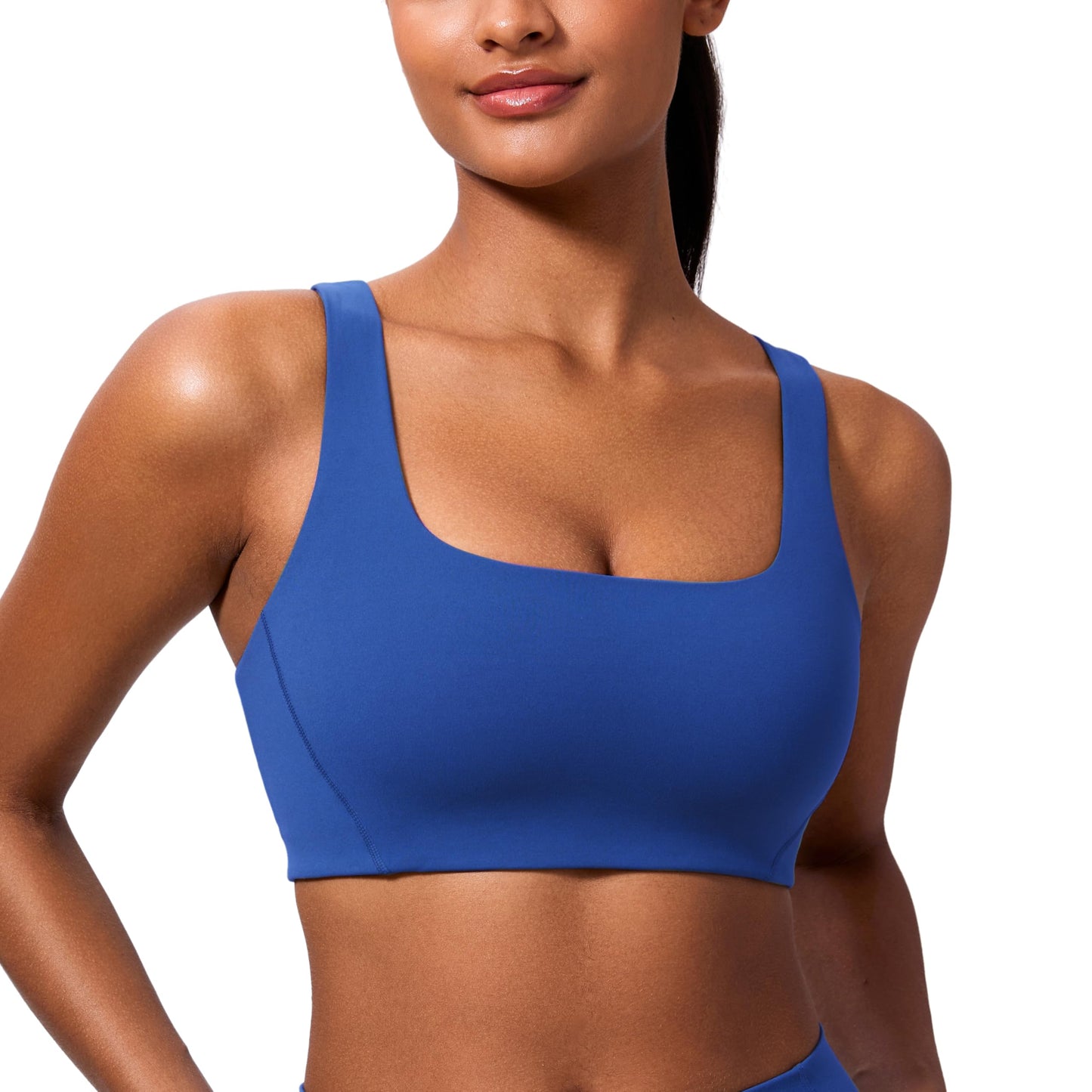 CRZ YOGA Butterlift Double Lined Square Neck Sports Bras for Women - Wireless V-Shaped Racerback Workout Yoga Top Non Padded Waves Blue Medium