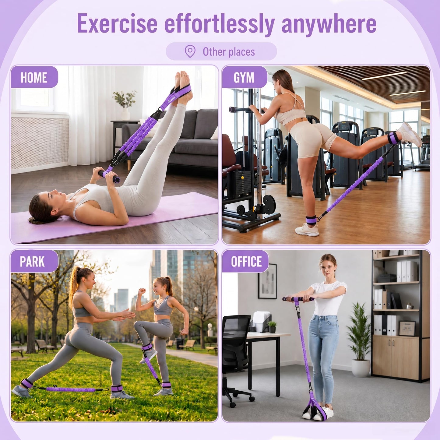 WHATAFIT Upgraded Multifunction Pedal Resistance Band with Handles, 3-Tube Adjustable Foot Pedal Exercise Band, Ankle Straps Included, for Abs Core Leg Arm Waist Full Body Workout Pink Purple