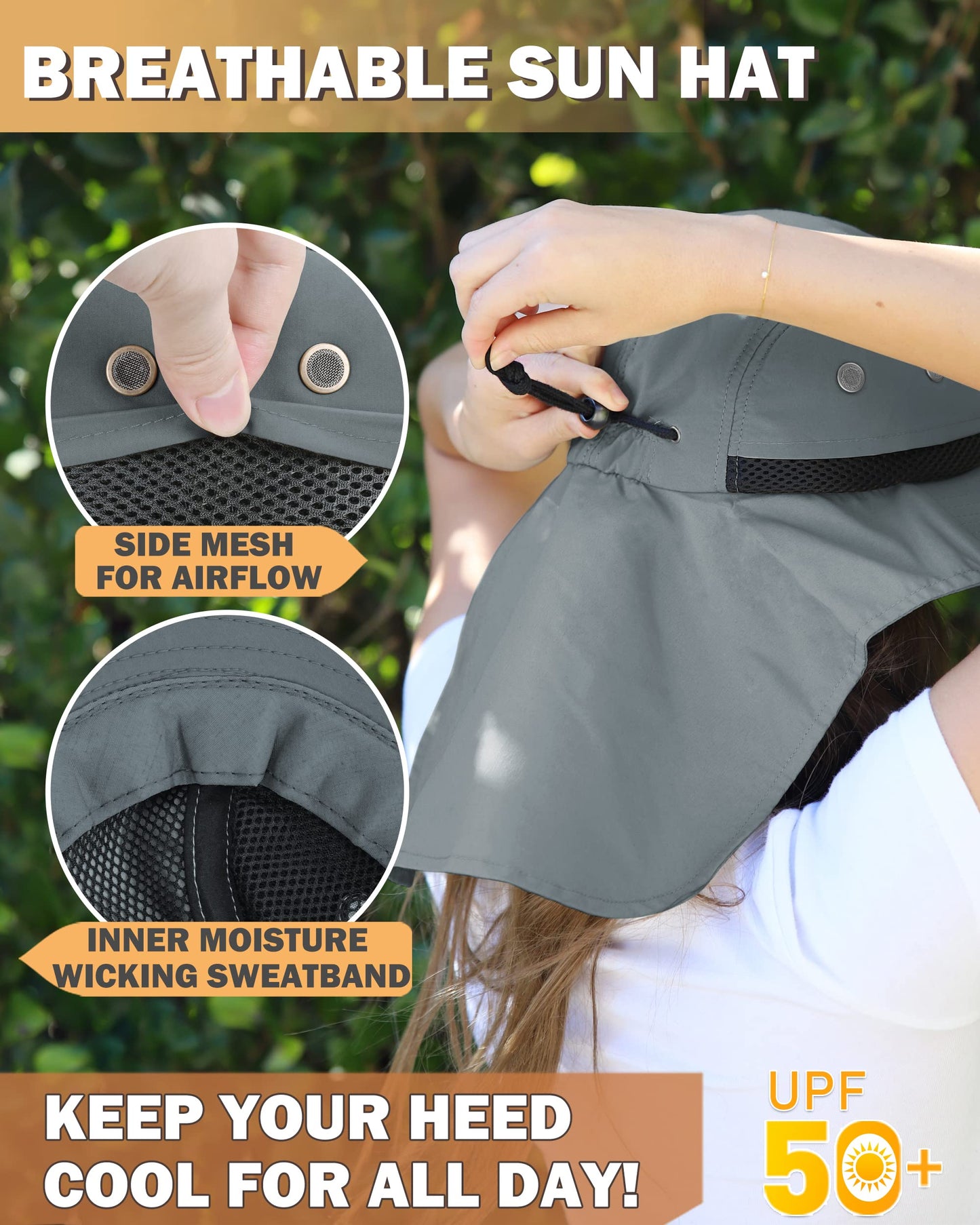 Tirrinia Wide Brim Sun Hat with Neck Flap for Men & Women, Breathable Hiking Fishing Safari Hat, Outdoor UV Protection Cap