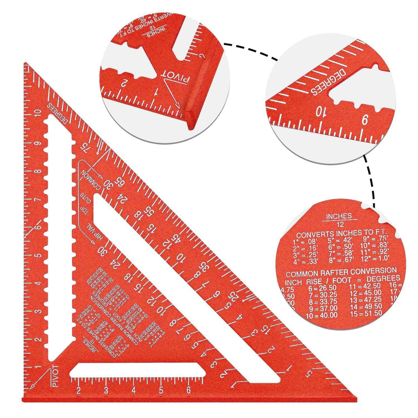 Beslands Aluminum 12-inch Rafter Square Carpenter Measuring Layout Tool Alloy Metal Triangle Ruler Imperial Protractor for Woodworking and Carpentry Red