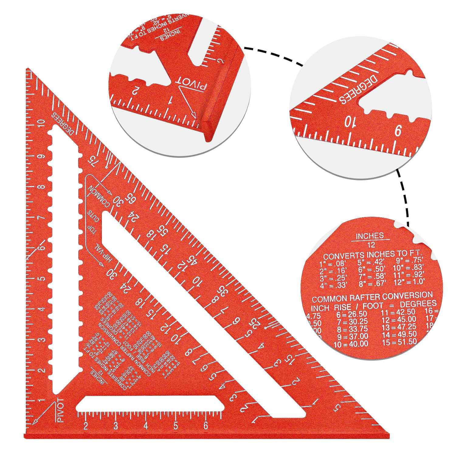 Beslands Aluminum 12-inch Rafter Square Carpenter Measuring Layout Tool Alloy Metal Triangle Ruler Imperial Protractor for Woodworking and Carpentry Red