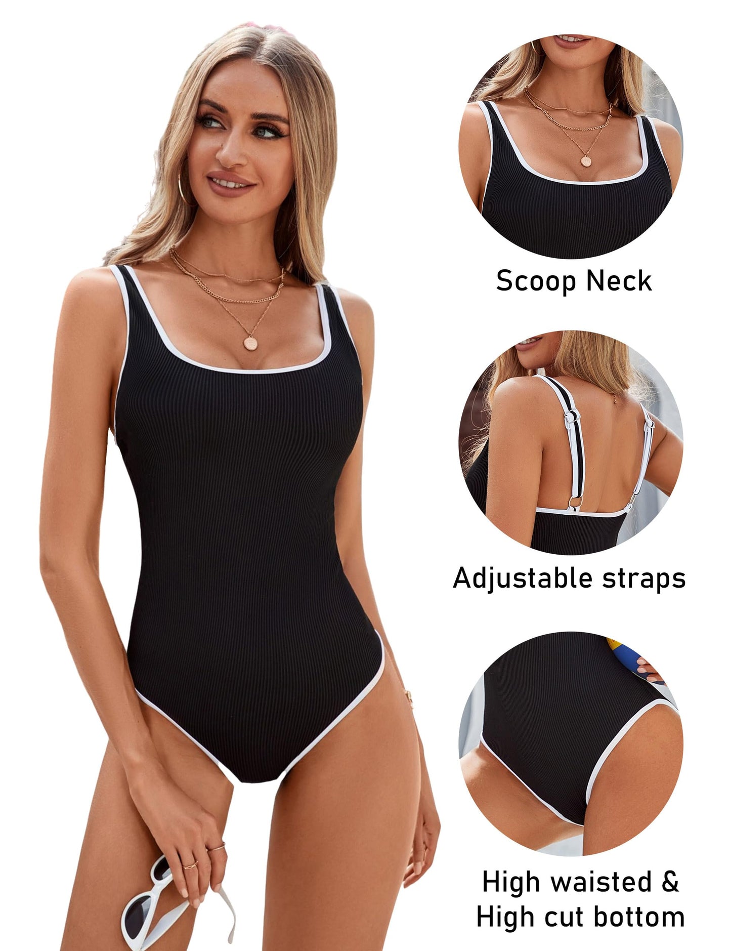 BMJL Women's One Piece Swimsuit Sports Adjustable Strap Bathing Suit Color Block Ribbed High Cut Swimsuits(M,Black)