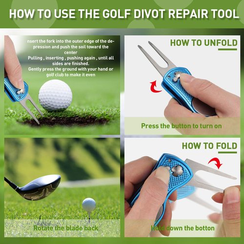 Skylety 3 Pcs Golf Divot Repair Tool Stainless Steel Foldable Magnetic Golf Ball Marker Repair Tool with Pop up Button Portable(Black, Red, Blue,3 Pieces)