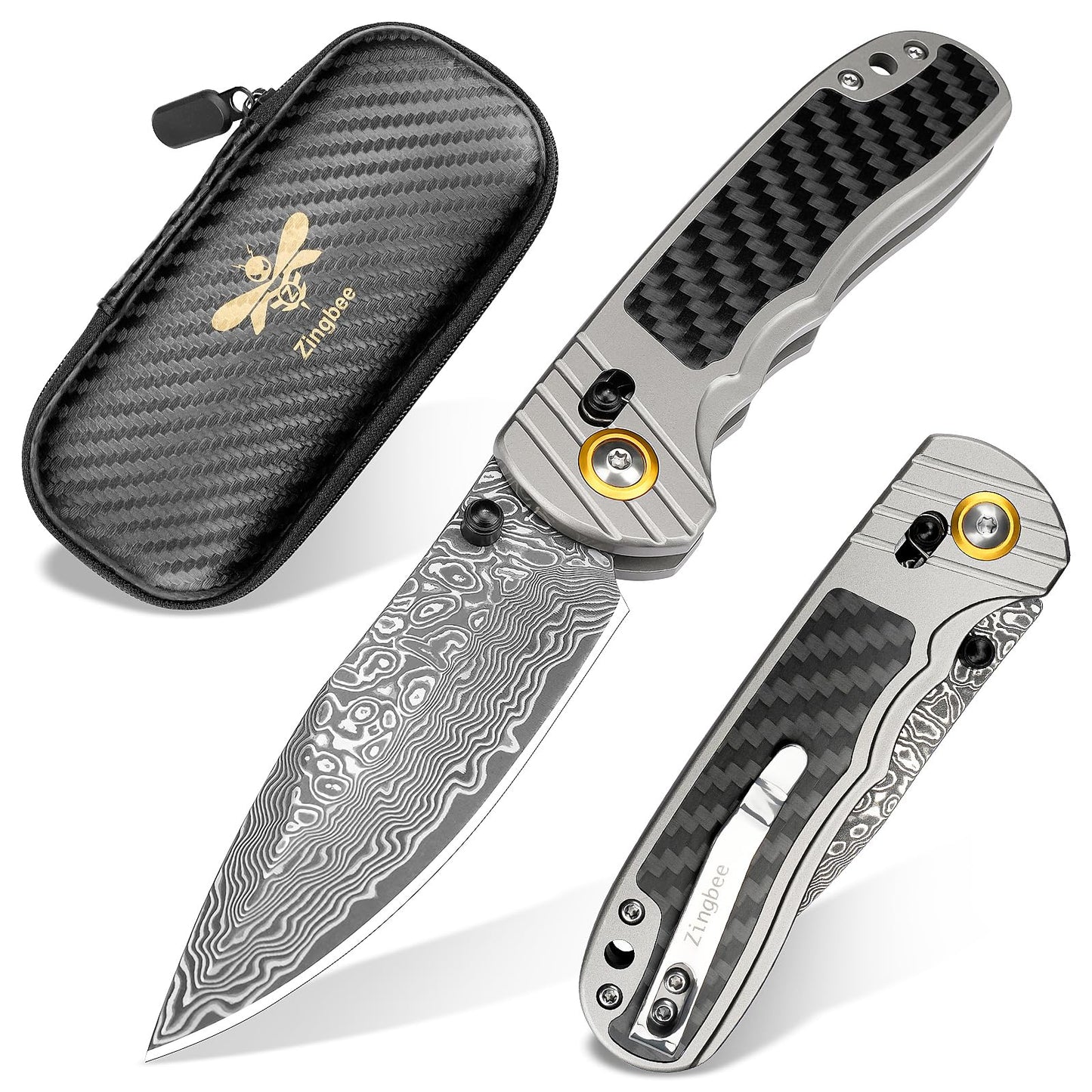 Zingbee Damascus Pocket Knife for Men Women, 3.15" Damascus Steel Blade Pocket Knives & Folding Knives with Carbon Fiber Overlay Handle