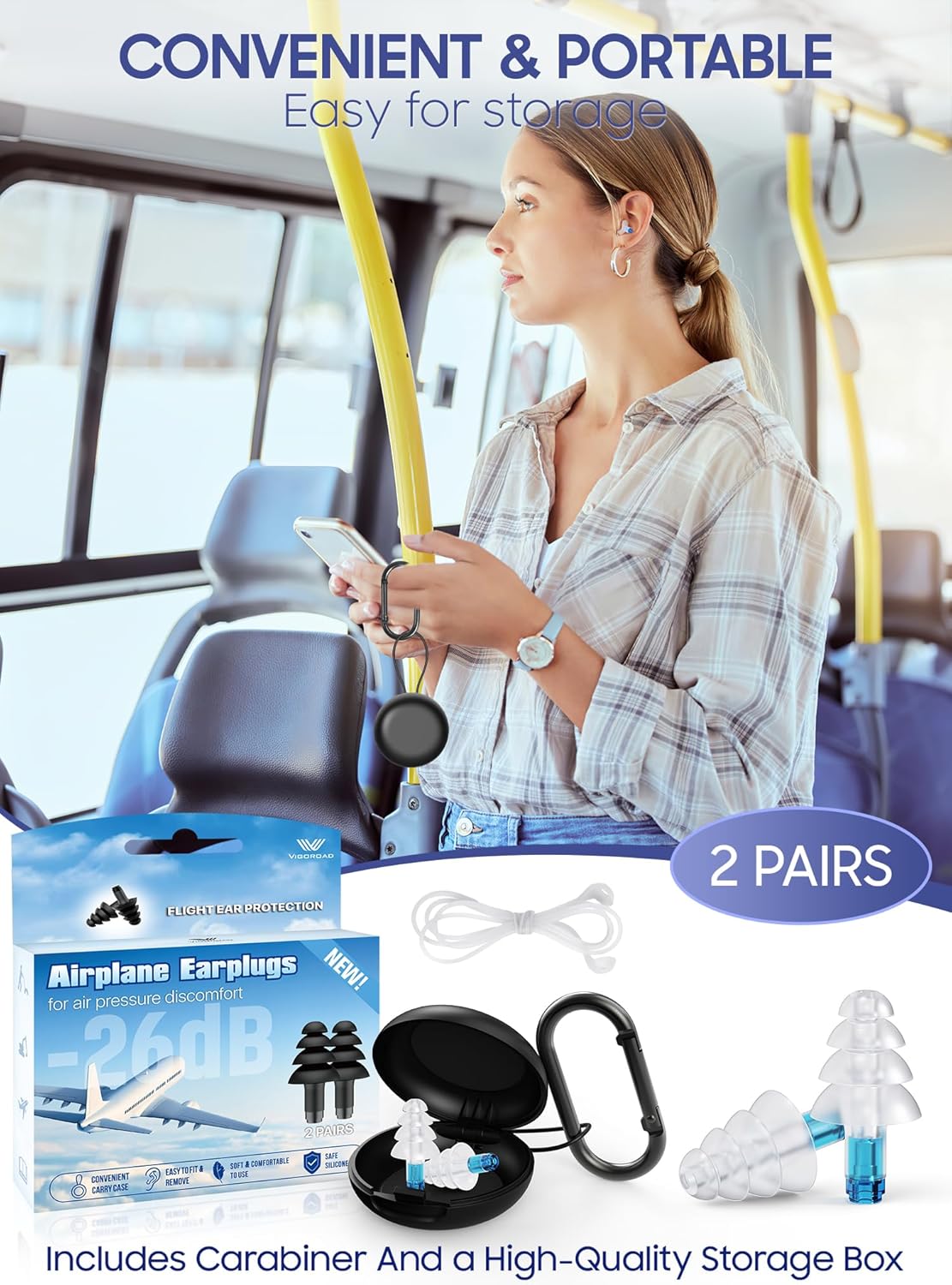 Skiennix Ear Plugs - Soft Silicone Reusable for Airplane Pressure Relief | 2 Pairs with Connector Cord