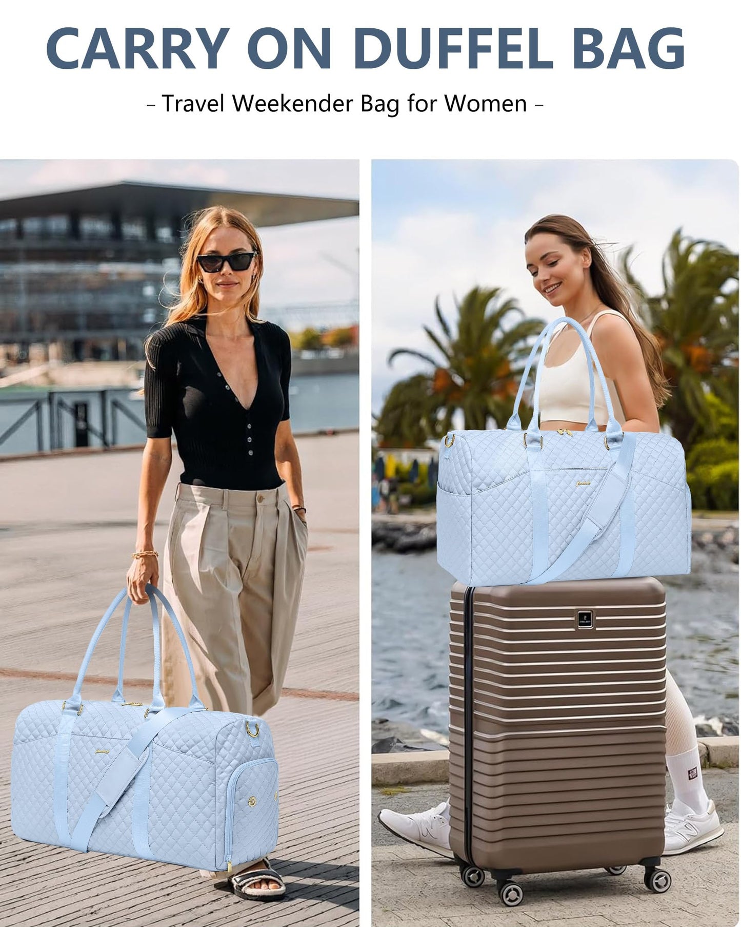 Women Weekender Travel Duffle Bag: Travel Duffel Overnight Bags with Shoe Compartment Large Carry on Tote with Toiletry Bag Weekend Traveling Yoga Gym Hospital Bag for Women with Wet Pocket Light Blue