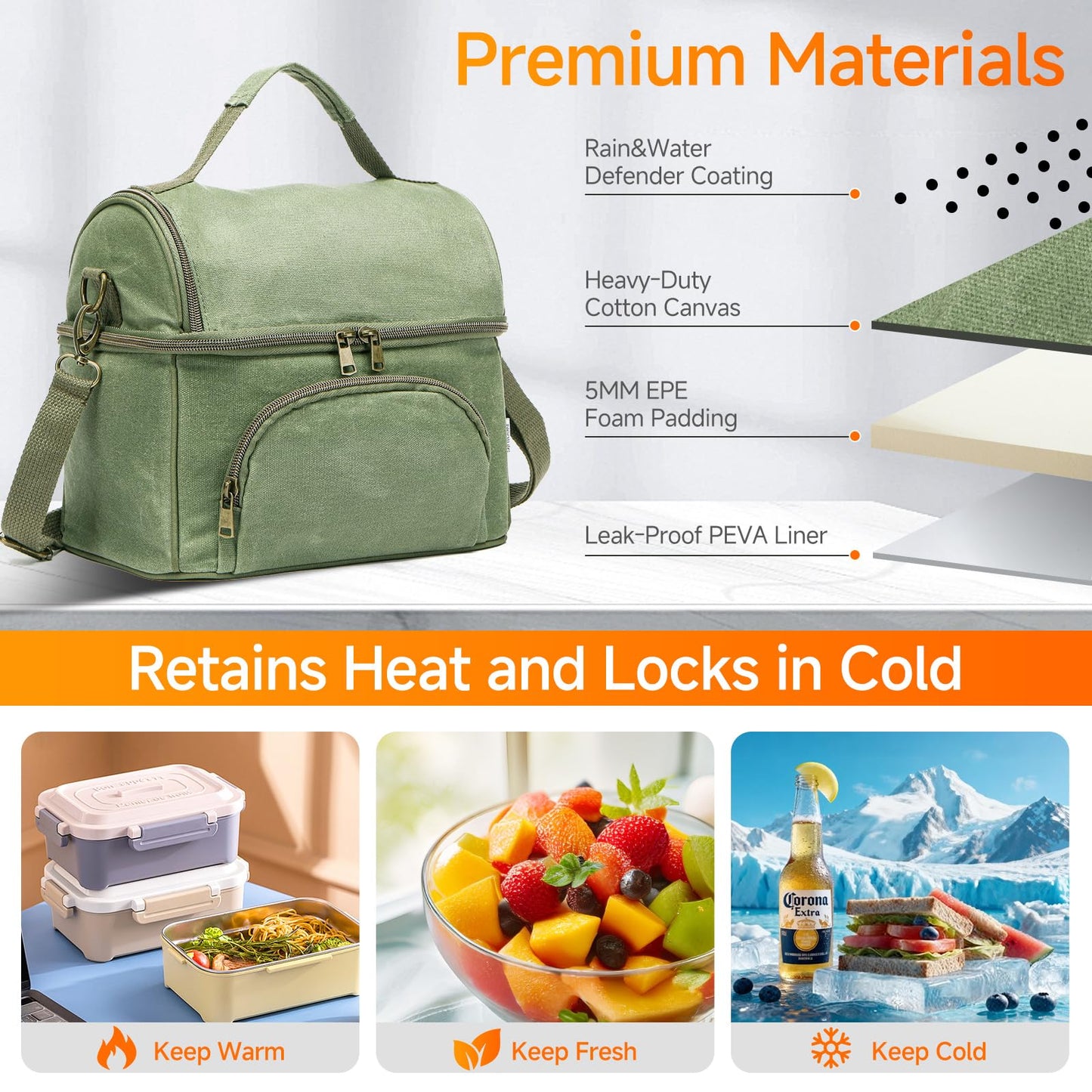 neatlife Men's London Green Lunch Box for Work with 2 XL Ice Packs, Sturdy Waxed Canvas Insulated Adult Lunch Bag, 2 Compartment 10.5L Soft Cooler Bag For Work, Picnic, Travel, Outdoors