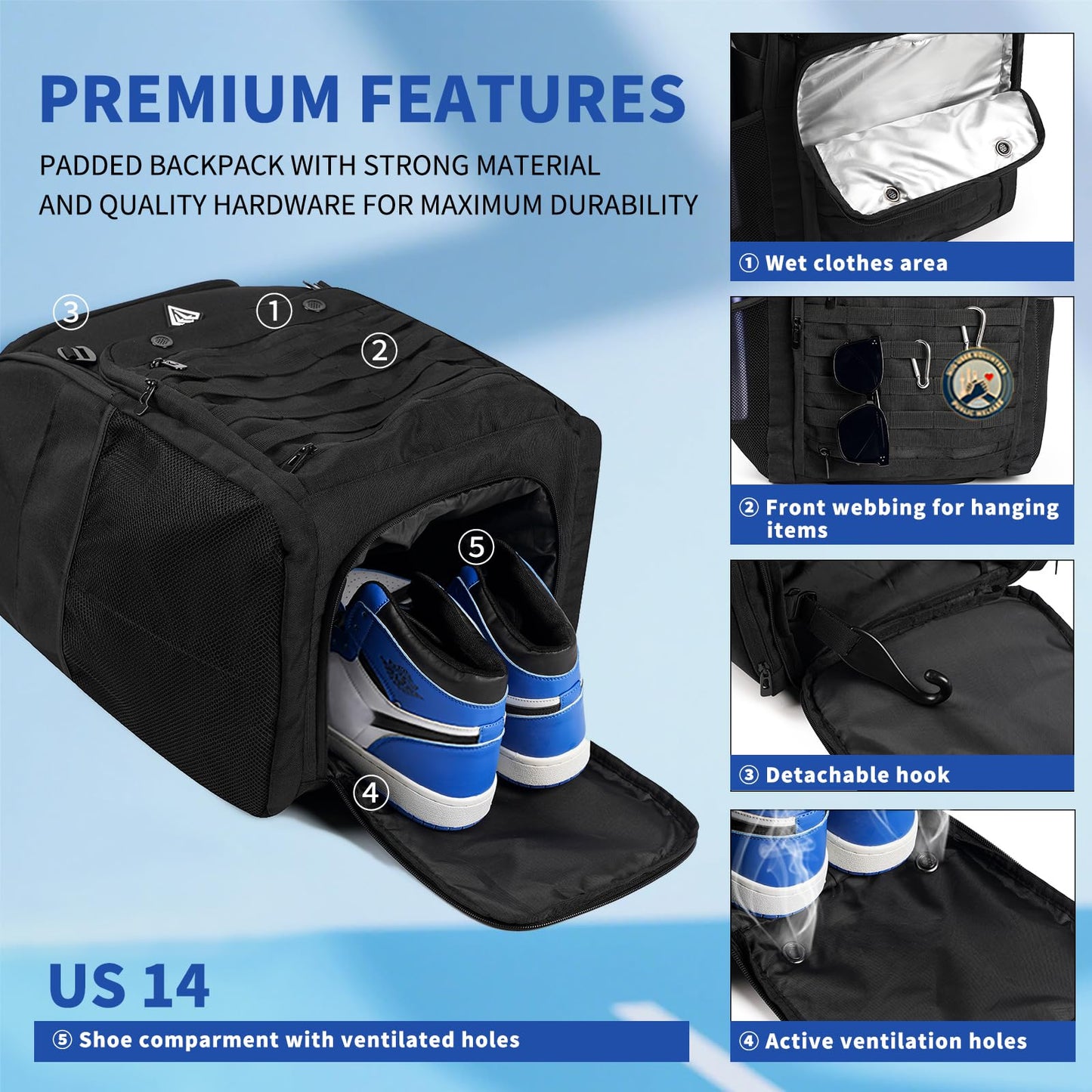 Gemgoal Extra Large Pickleball Bag for Men with Shoe Compartment Pickleball Backpack for 4 Rackets with Fence Hook Paddle Compartments Balls Holder Multiple Compartments