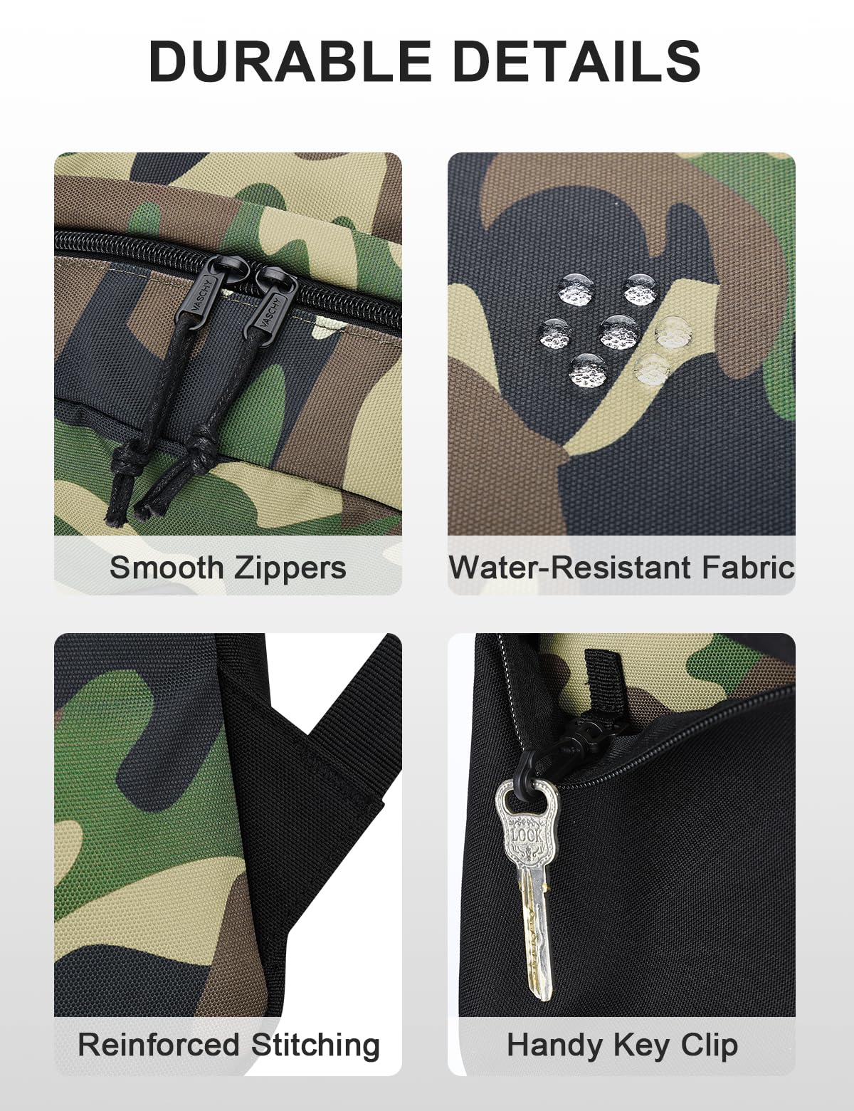 VASCHY Lightweight Backpack for Men, Water Resistant Classic Daypack for Travel, Work, College with Side Bottle Pockets Camo Black