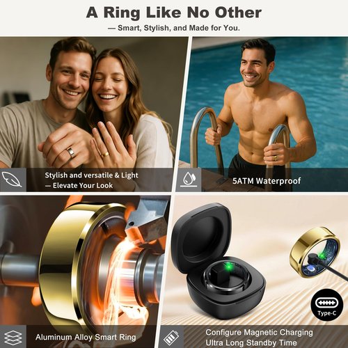 Smart Ring for Women Men,Fashion Minimalist Fitness Ring & Sleep Tracker Ring with Heart Rate,SPO₂,Blood Pressure,5ATM Waterproof Health Ring,No Subscription,Travel-Friendly Couple Gift(Size11,Gold)