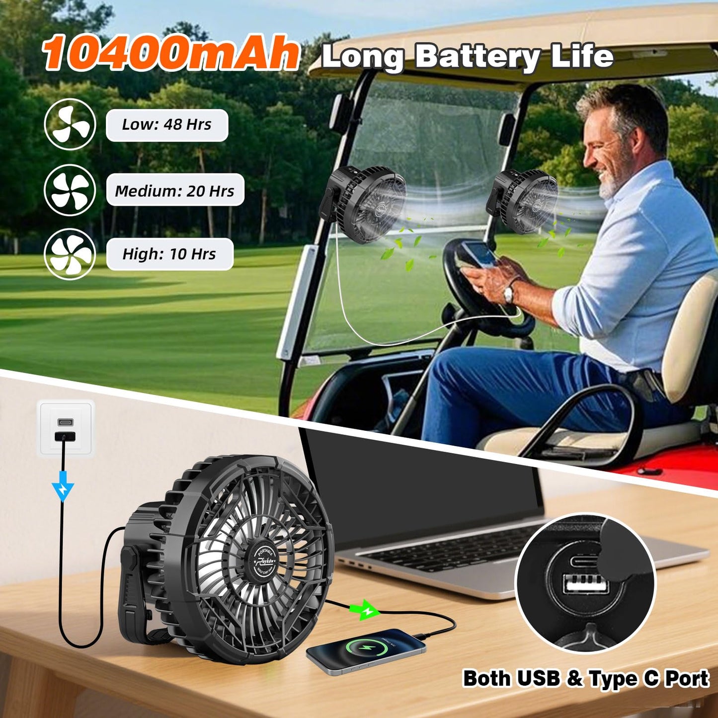 Roykaw Golf Cart Fan 10400 mAh Rechargeable Battery Powered, 24 Hrs Work Portable Fan with LED Light for Nighttime Drive, Cordless Remote Control, Compatible with EZGO Club Car Yamaha, 2PCS