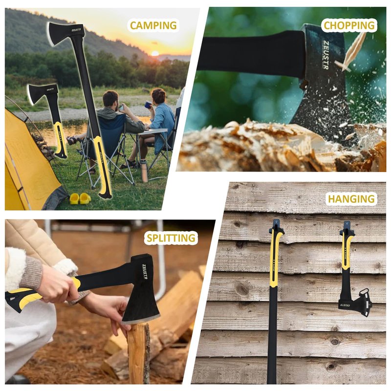 ZEUSTR 36” Long Camping Axe, Forged Steel Blade with Shock-Absorbing Handle, Outdoor Hatchet for Camping&Kitchen, Wood Chopping and Kindling